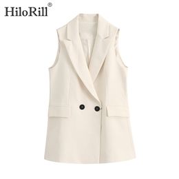 Solid Casual Blazer Vest Women Office Wear Double Breasted Waistcoat Ladies Pockets Sleeveless Jacket Coats 210508