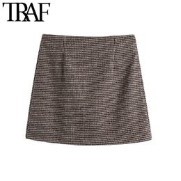 TRAF Women Fashion Office Wear Cheque Mini Skirt Vintage High Waist Side Zipper Female Skirts Mujer 210415