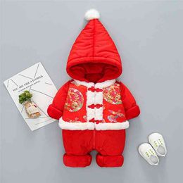 Baby New Year Clothes Winter Kid's Clothing Infant Thicken Hooded Jumpsuit For Girls Spring Festival Red Hooded Fur Rompers 210414