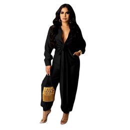 womens long sleeve romper NZ - Office Lady Solid Romper Womens Jumpsuit Turn Down Collar Long Sleeve Baggy Bodysuit Classy Casual Draped Tied Up Club Outfits