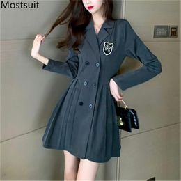 Vintage Notched Collar Suit Dress Women Full Sleeve Double-breasted A-line Mini Dresses Fashion Office Ladies Vestidos 210513