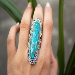Vintage Blue Turquoise Rings Engagement Ring Fashion Jewellery Women Ring Finger Rings Gift Exquisite Creative Gemstone Ring
