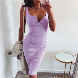 summer knit dresses V-neck sexy tight party slim dress for womens Casual A-Line Sleeveless Button midi dress fashion 210514