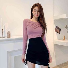 autumn Sexy Suit 2 piece Korea Ladies Pink long-sleeve knitting tops And irregular Black Mini Skirt For women set 210602