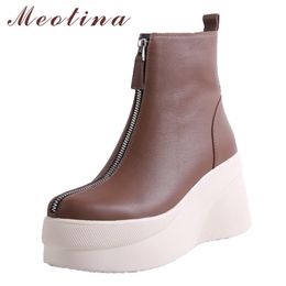 Autumn Ankle Boots Women Natural Genuine Leather Platform Wedge High Heel Short Zip Round Toe Shoes Lady Winter 39 210517