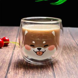 200ML Korean Cute Shiba Inu Mugs Double Glass Breakfast Milk Mug Creative Animal Coffee Cup Ladies Juice Cups 210409