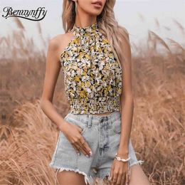 Mock Neck Floral Print Halter Tank Tops Summer Sleeveless Female Vest Women Fashion Slim Crop Top Streetwear 210510