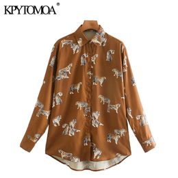 Women Fashion Animal Print Loose Blouses Long Sleeve Button-up Female Shirts Chic Tops 210420