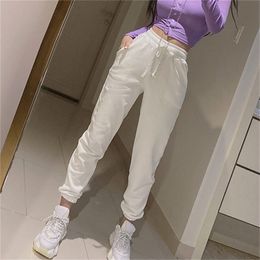 The day send spring in South Korea with pure cotton and comfortable ivory white casual sport height of tall waist trousers women 210417