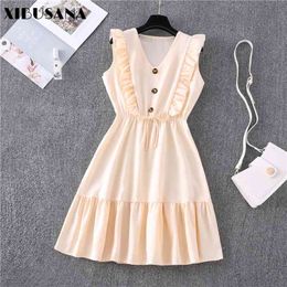 Summer Lotus Leaf Sleeveless Sweet Dress Girl Fresh Solid Color V-neck Lace European and American Style 210423
