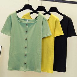 Korea Folds T shirt Women Plus Big Size 5XL Sexy Square Neck Summer Cotton Sleeve Cotton TShirt Tops Tee Shirt Femme Clothes 210604