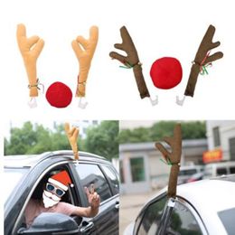 Christmas Car Exterior Accessories Sika Deer Antlers Nose Horn Costume Set Truck Auto Decor Xmas Gift Cute Vehicle Holiday Party Festival Decoration For Cars