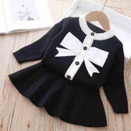 Gooporson Warm Outfits Kids Clothes Girls Fashion Bow Tie Knit Cardigan Sweater Top&skirt Cute Little Children Clothing Set G220310