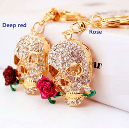 Lovely Rhinestone Crystal rose flowers skull Keychain Keyring Pendant flowers skull Key Chain Ring Holder Alloy Keychains Gift