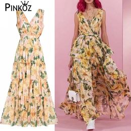 runway designer maxi dress for women flower printed v-neck sexy casual backless yellow sleeveless dresses vestidos chic 210421