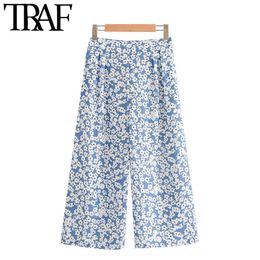 TRAF Women Chic Fashion Floral Print Wide Leg Pants Vintage Elastic Waist Calf Length Female Trousers Pantalones Mujer 210415