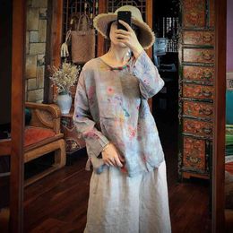 Johnature Chinese Style Blouses Women Top Autumn Ramie Shirts O-Neck Casual Print Loose Casual Linen Shirt 210521