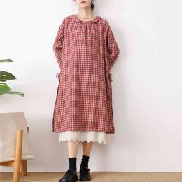 Lamtrip Spring Japanese Lacing Patchwork Plaid Peter Pan Collar Layers Slit Dress 210413