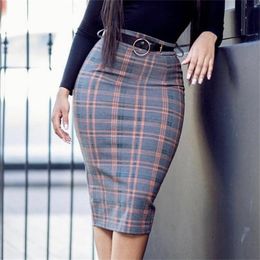 Women High Waist Plaid Pencil Skirts Bodycon Retro Classy Elegant Office Ladies Summer Modest Slim African Fashion Jupes Falads 210416