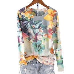 Fashion hot drilling floral printed t women o-neck long sleeve graphic tees basic tee shirt femme 4XL 5XL spring new 210406