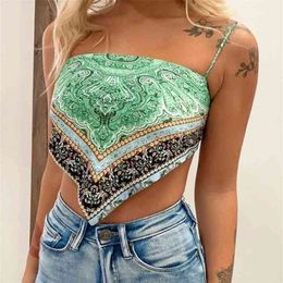 PUWD Casual Woman Green Slim Print Spaghetti Strap Cropped Top Summer Sexy Ladies Backless Beach Camisole Female Chic Tanks 210625