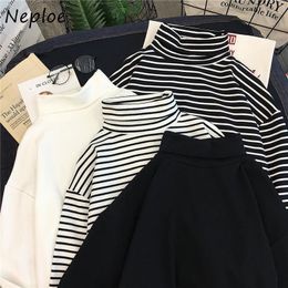 Neploe High Neck Pullover Long Sleeve T Shirt Women Vintage Striped Patchwork Loose Tees Spring Casual Ladies Top Wild 210510