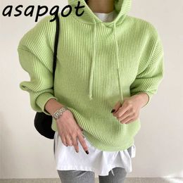 Jumpers Chic Korean Candy Colour Loose Casual Long Sleeve Hooded Pullovers Sweater Knitwear Pull Femme Fashion Sweet Knitted Top 210610