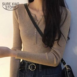 V-neck Long Sleeve Women Sweater Fall Chic Solid Cotton Sweater Pullover Slim Elastic Knit Bottoming Clothes Women 10305 210527