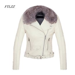 Women Winter Faux Leather Jacket Warm Large Fur Collar Lady Motorcycle Pu Soft White Black Pink Coat 210430