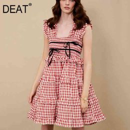 DEAT summer fashion women clothes sqaure collar sleeveless ruffles drawstring plaided pullover short high waist dress 210428