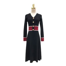 Women Knitted Dress Gray Black Patchwork Long Sleeve Elegant Knee Length Autumn D1276 210514