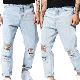 Men's Pants Men Wide Legs Jeans Ripped Loose Denim Zip Up Casual Long Trousers Bottoms