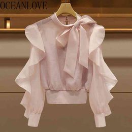 Chiffon Blouses Women Tops Solid Pink Bow Bandage Spring Summer Blusas Mujer Fake 2 Pcs Shirts Elegant Korean 210415