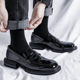 Dress Shoes Men Business Casual Square Toe Oxford PU Patent Leather Korean Streetwear Fashion Man Wedding Loafers