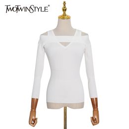 Off Shoulder Sweater For Women Square Collar Long Sleeve Hollow Out Slim Knitted Tops Female Fall Fashion 210524