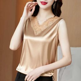 Summer Korean Fashion Silk Tank Top Women Satin Office Lady Lace Solid Plus Size XXXL/5XL Clothing for 210531