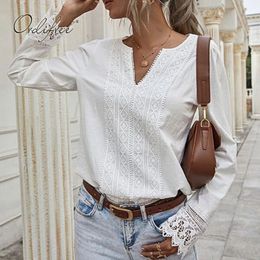 Spring Autumn Fashion Women Chiffon Shirt Long Sleeve Ruffle V Neck Hollow Out Lace Crochet Blouse Top 210415