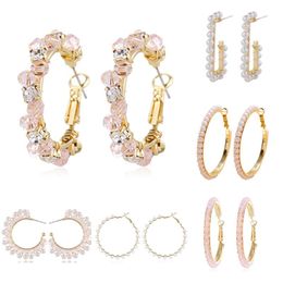 Boho Simulated Pearl Hoop Earrings For Women Hand Weave Crystal Beads Korean Statement Jewellery Bride Wedding & Huggie