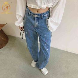 Autumn Women's Jeans Personality Star-Shaped Splash Ink Irregular Pocket Design Hole Straight Wide-Leg Pants 210520