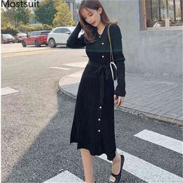 Women Knitted Slim Dress Long Sleeve V-neck Buttons Lace-up Korean Fashion Dresses Spring Autumn Casual Vestidos Mujer 210513