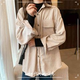 Corduroy Shirt Ladies Turn-down Collar Oversize Pockets Retro Blouse and Tops Women Spring Korean Style Shirt Female Y2K 210521
