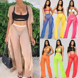 Sexy Mesh Flare Pants See-through Chiffon Ruffle Bottoms Plus Women Bikini Cover Up Loose Trousers Beachwear Swimwear Women's