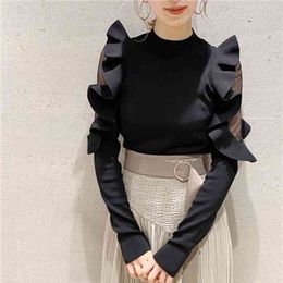 Japanese Sweet Ruffles Patchwork Flying Sleeve Slim Fit Pullovers Chic Voile Knit Sweater Women Spring Temperament Tops 210514