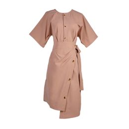 Coral O Neck Button Short Sleeve Mini Dress Elegant Solid Summer Office Lady Women Female D0982 210514