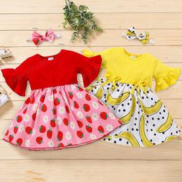 kids clothes girls Flare Sleeve dress children Strawberry Banana print princess Dresses with Headband fashion INS summer baby Clothing