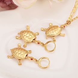 Classics 14 k Solid Gold GF Tortoise red cz stone Pendant earrins Figaro chain Women Papua girls kids party Jewelry PNG