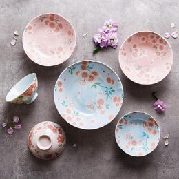 Dishes & Plates Sakura Series Ceramic Flat Plate Japanese Underglaze Tableware Embossed And Bowls Dinner Set