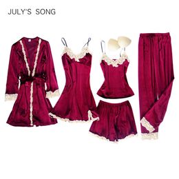 JULY'S SONG 5 Pieces Velvet Pyjamas For Women Sexy Lace Sleepwear Pyjama Set Winter Warm Sling Nightdress Female Nightwear 210330