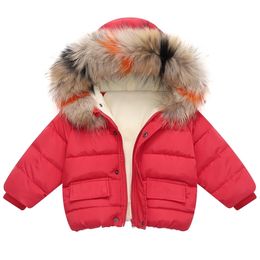 Boys Girls Cotton Coat Winter Warm Jacket Baby Girl Colored Fur Collar Hoodies Kids Thicken Outerwear Children Clothing For 1-6Y 211204