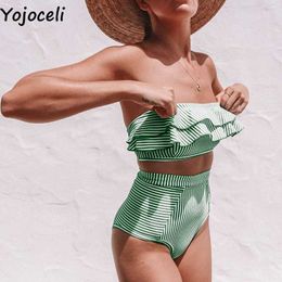 Yojoceli Sexy ruffle off shoulder striped swimsuit girls Elegant summer beach bikini Casual cool tankini women 210609